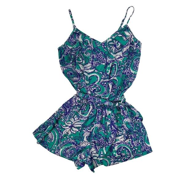 LILLY PULITZER Deanna Montauk Blue Teal White Paisley Printed Satin Romper Sz M - Picture 5 of 6